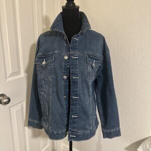 womens true religion oversized glitter denim medium trucker Jean Jacket NWT